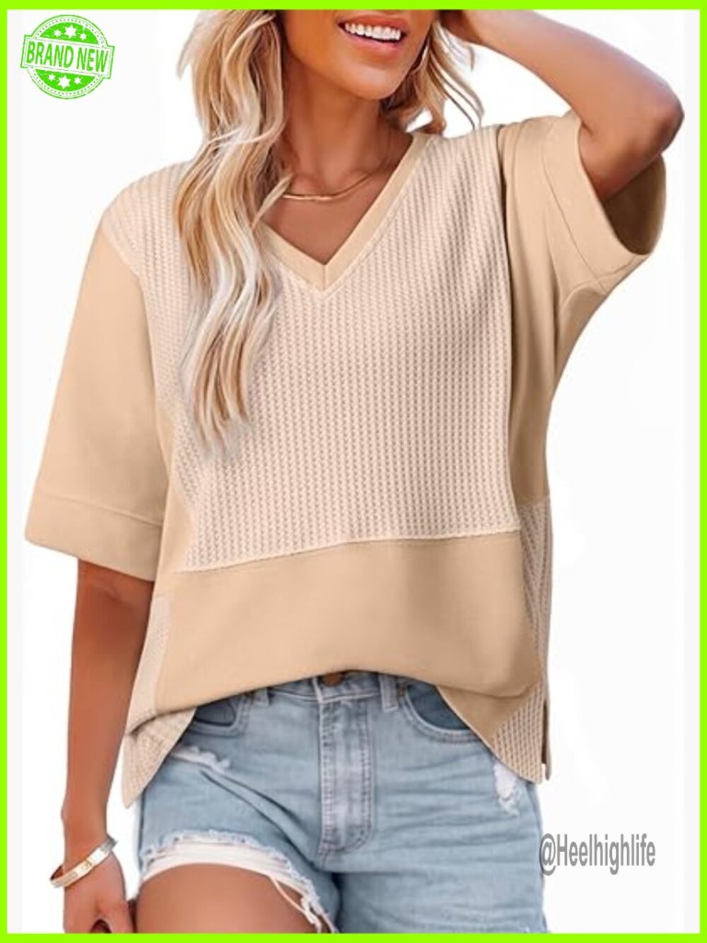 Oversized V-Neck T-Shirt, Fluffy Waffle Fabric, Loose Fit Summer Top